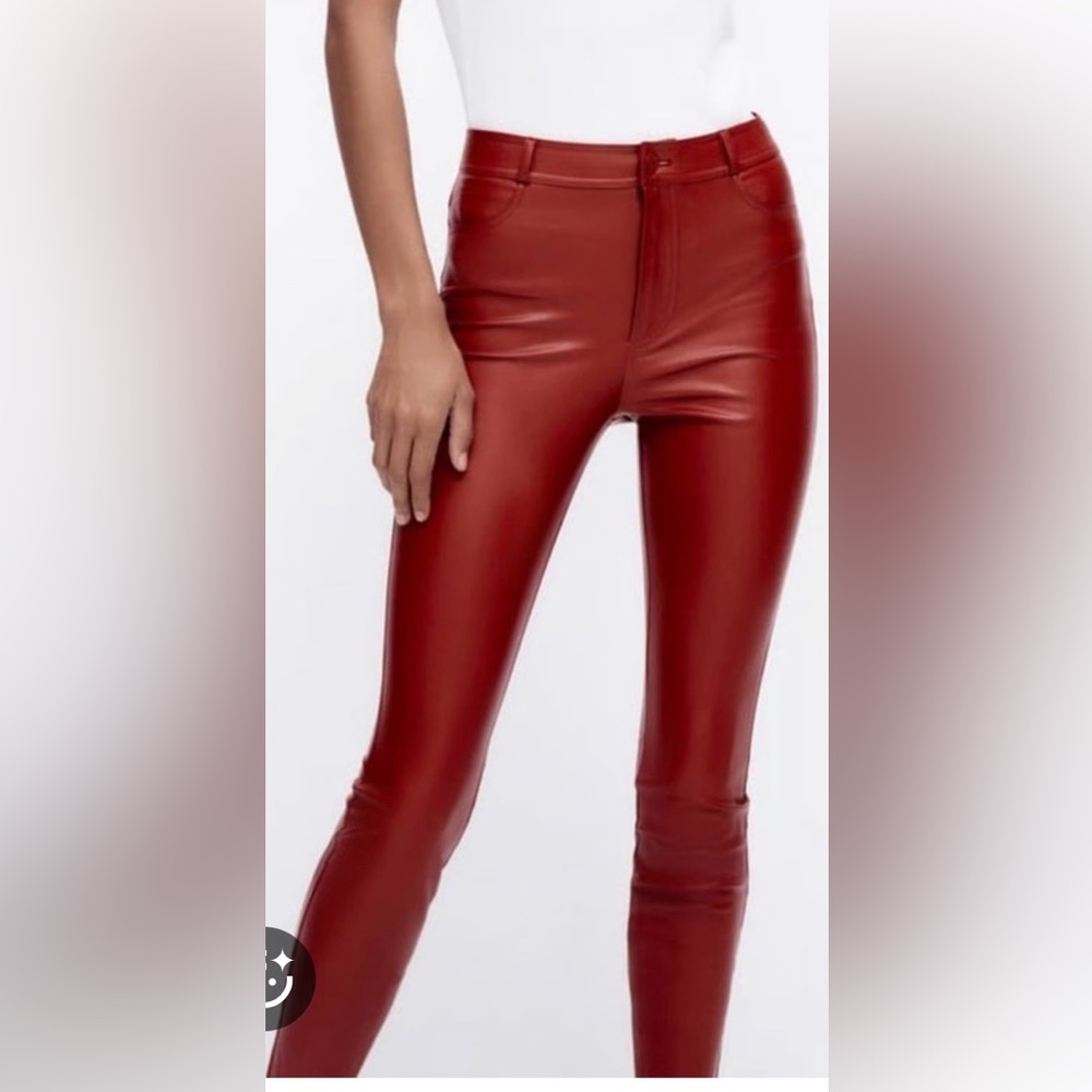 Zara Red Faux Leather High-Rise Skinny Leggings/Pants